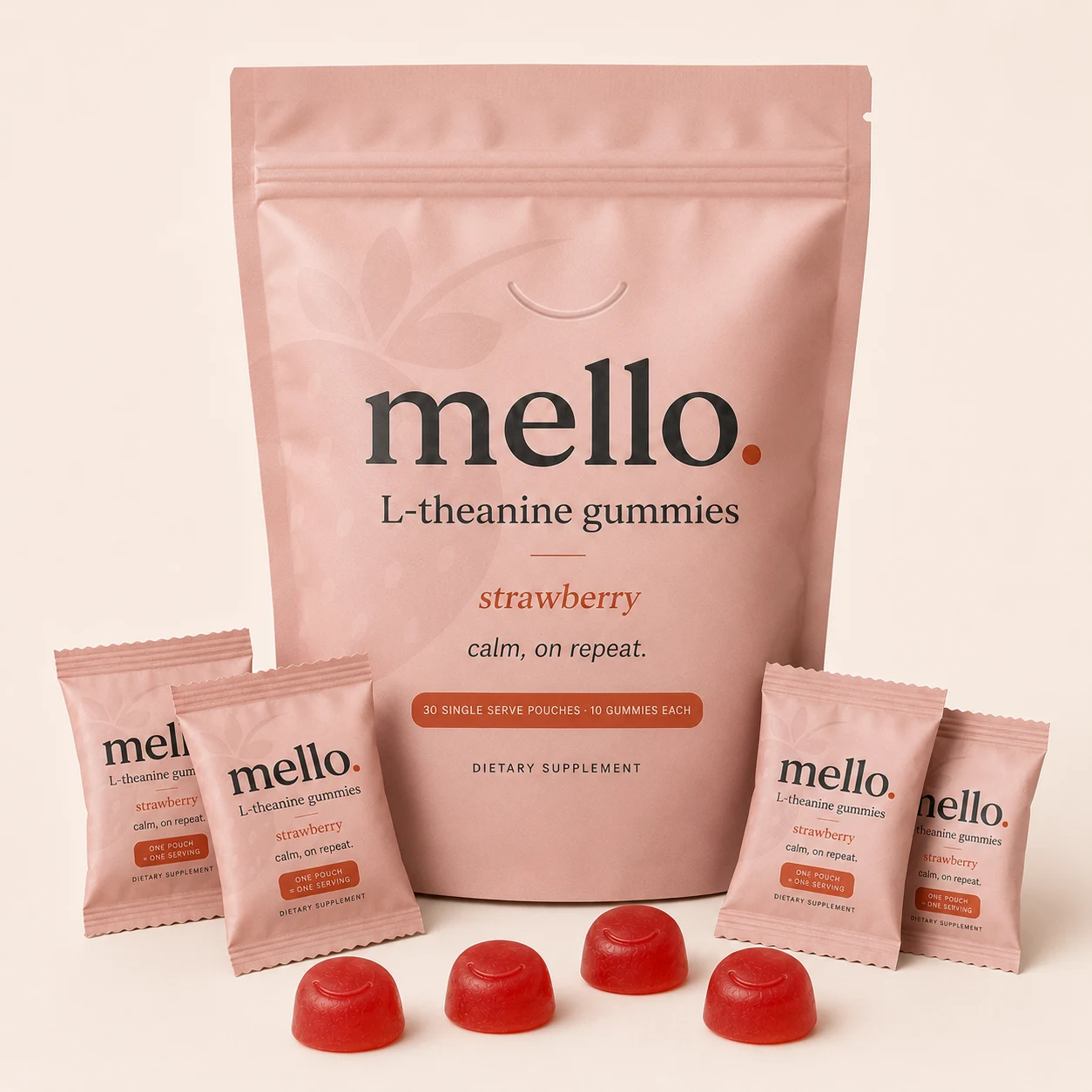Mello Strawberry L-theanine gummies bag with single-serve pouches and gummies